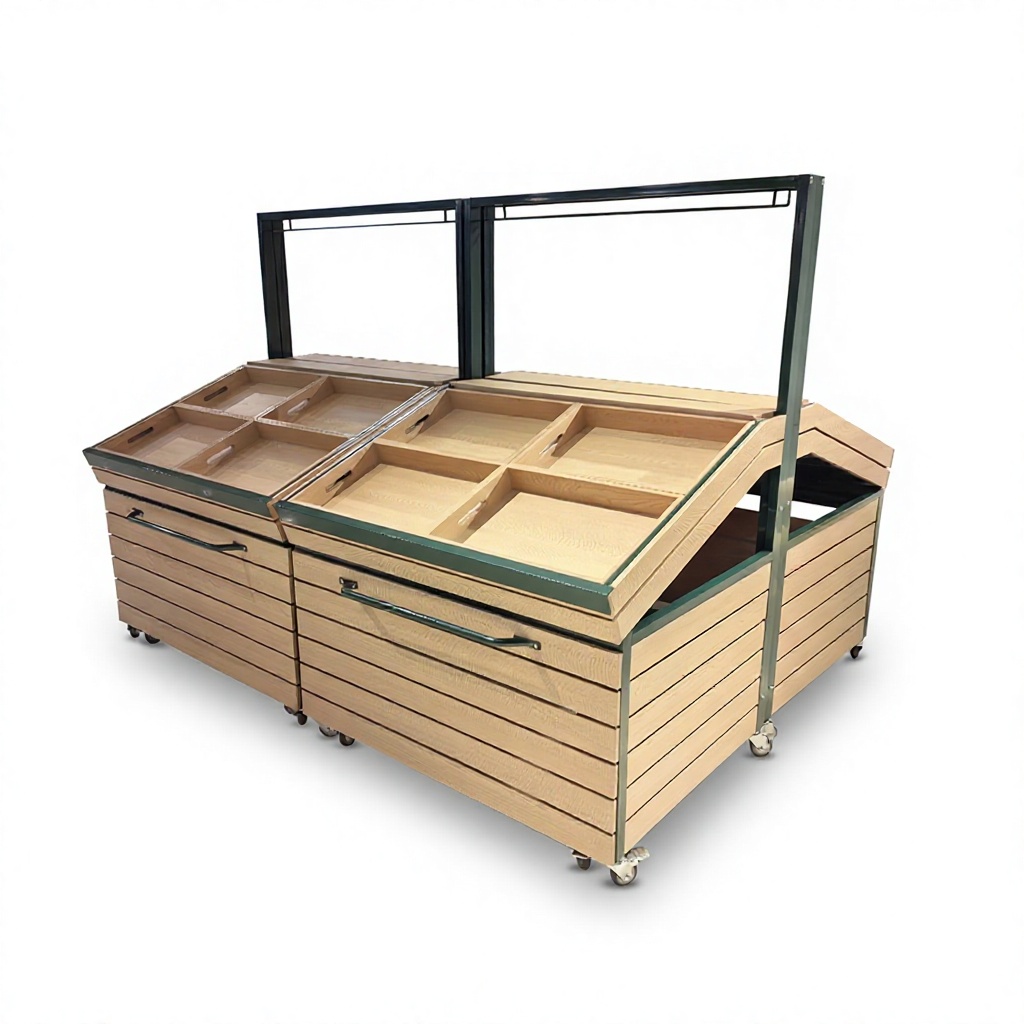 带轮可移动超市果蔬中岛堆头，带储物抽屉